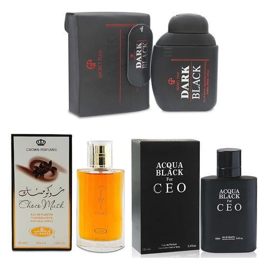 3Pack Men Colognes Choco Musk&Dark Black&Aqua Black Ceo Eau De Parfume Spray with Woody Floral & Fruity Scent Perfume Gift Set Day to Night Luxury Fragrances