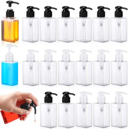 Domensi 12 Pcs 100ml /3.4 oz Pump Bottle Mini Travel Bottles Small Dispenser Containers Plastic Pump Lotion Dispenser Empty Square Travel Size Containers Toiletries (Clear,Black,White)
