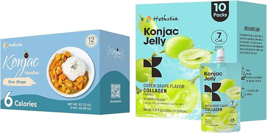 Konjac Jelly Green Grape Flavor with Collagen Peptides 10 Packs and Konjac Rice Gluten Free 12 Packs Low Calorie, Keto, Sugar Free, Healthy Food