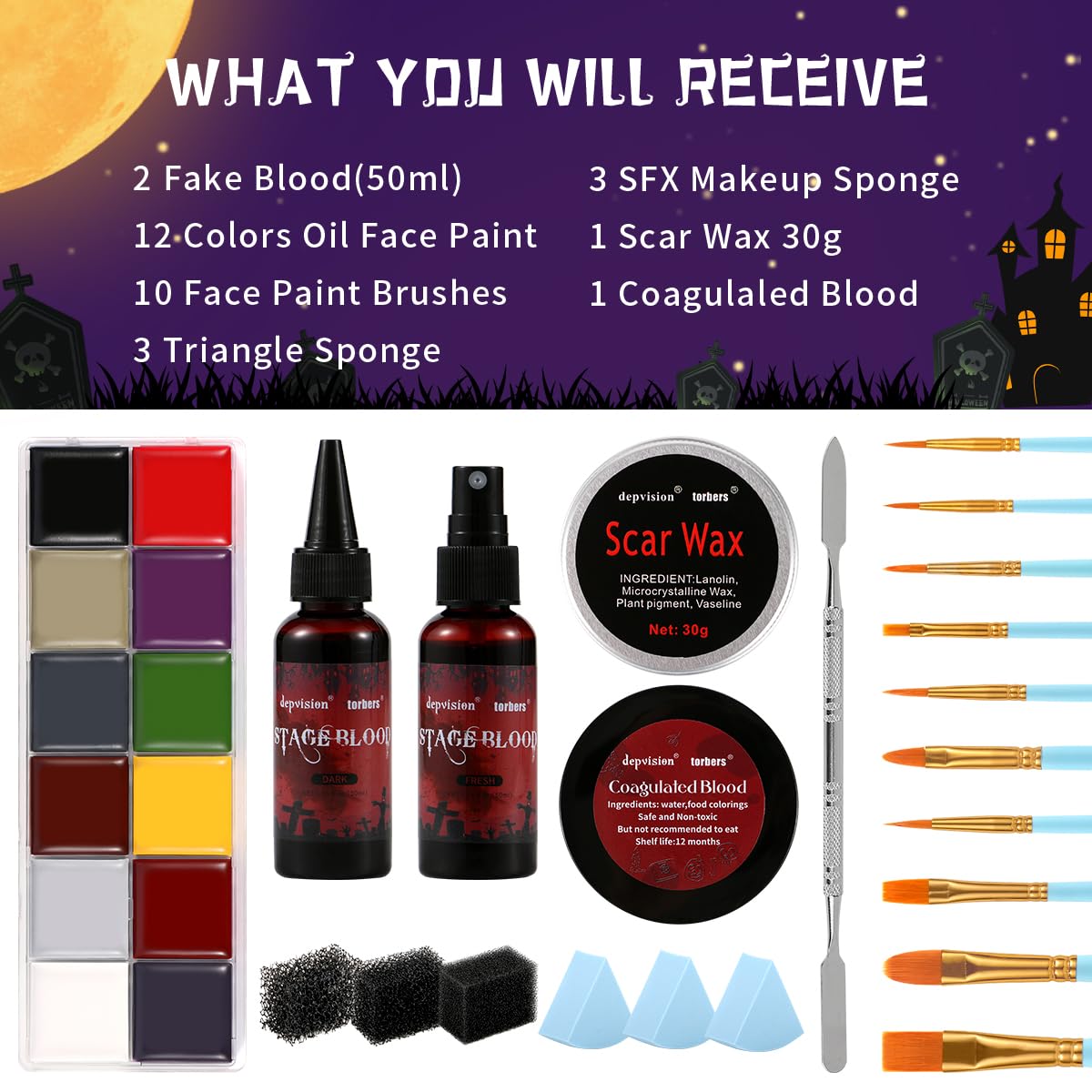 Depvision SFX Makeup Kit Halloween Makeup Set Professional Face Body Paint Special Effects Makeup Set with Fake Blood Scar Wax Oil Body Paint Sponges Brushes for Halloween Party SFX Cosplay