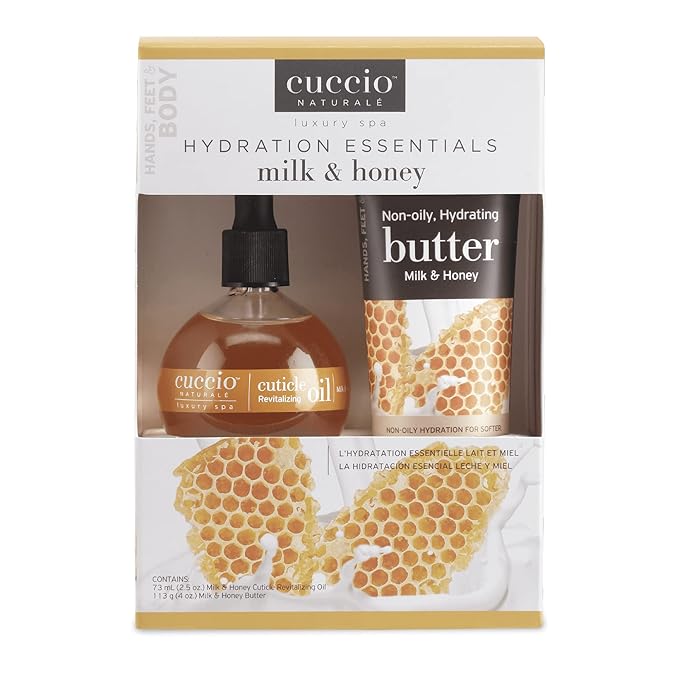 Cuccio Naturale Luxury Spa Hydration Essentials Set - Provides Nourishing Hydration - Soothes And Softens The Skin - Delivers A Relaxing Feeling - Milk And Honey - 2 Pc Body Butter And Cuticle Oil