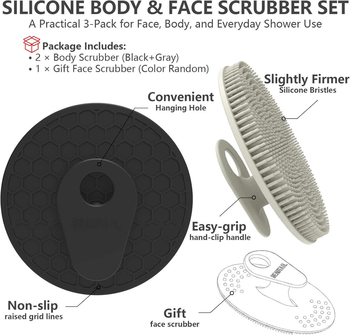Silicone Body and Face Scrubber Set 3 Pack, BEAUTAIL Shower Bath Scrubber, Gentle Exfoliating Brush for Women Men Baby Sensitive Skin, More Hygienic Than Traditional Loofah, Long Lasting, Black+Gray