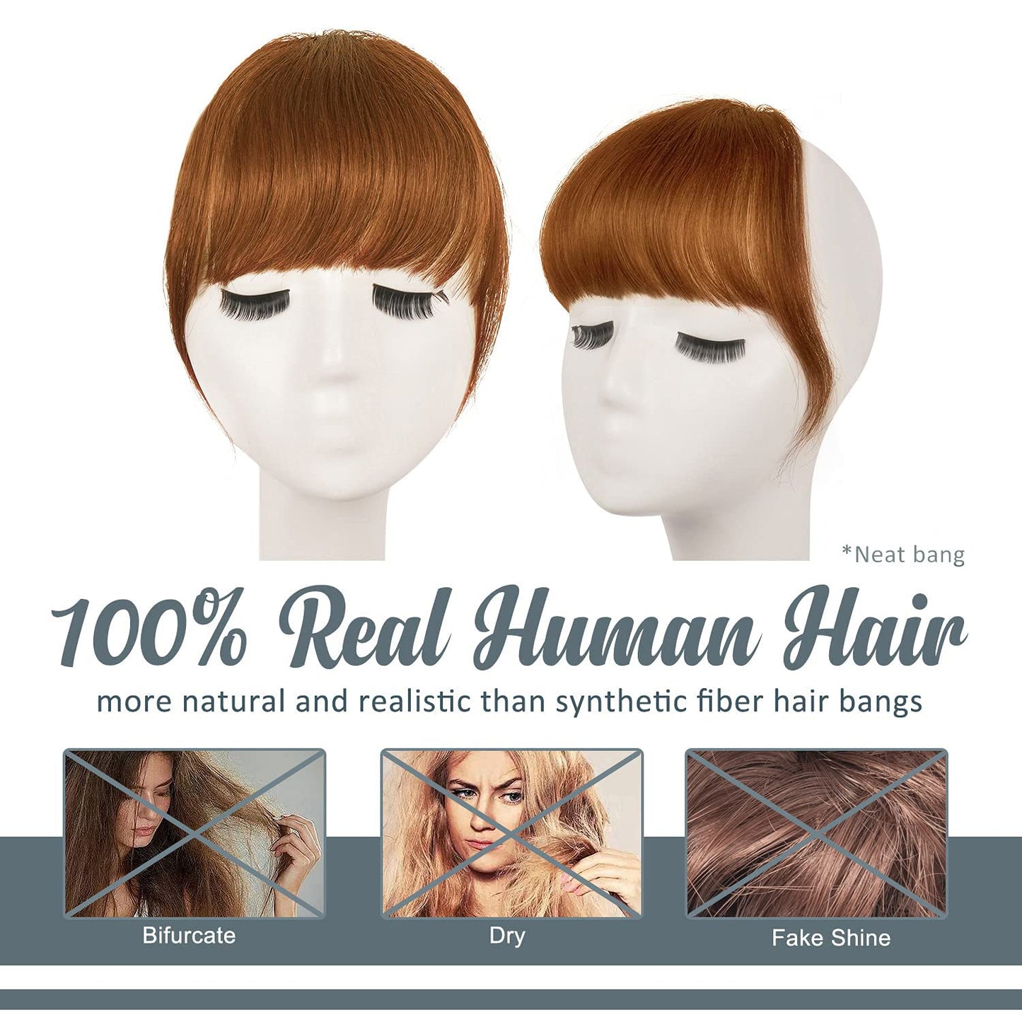 BARSDAR Real Human Hair Clip in Bangs - Human Hair Clip in Bangs for Women - Auburn Thick Bangs Extensions Fringe with Temples Dyeable Real Hair Bangs Hairpieces - Medium Auburn