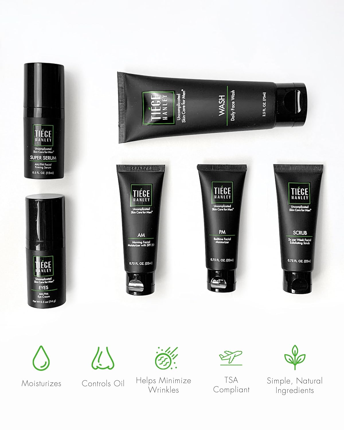 Tiege Hanley Skin Care Set for Men, Anti Aging Routine, System Level 3, Daily Face Wash, Facial Scrub, Two Moisturizers, Eye Cream, and Serum for Healthy, Hydrated Skin, Men’s Skin Care, 6 Piece Kit