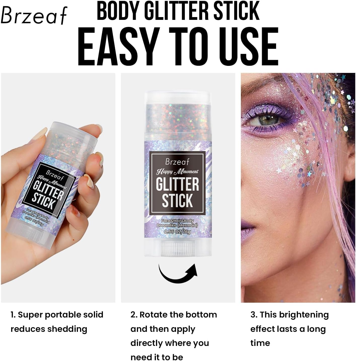 Brzeaf Waterproof Mermaid Glitter Stick, Shimmery& Long Lasting, Hallowen Hair Eyeshadow Face Body Glitter, Singer Concert Music Rave Festival, Glitter Stick Makeup & Face Glitter Gel for Women Men