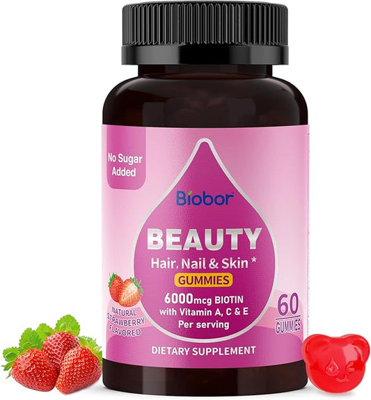 Sugar Free Beauty Gummies, Hair Skin and Nails Gummies with Vitamins A C E, Natural 6000mcg Biotin Gummies for Women Men, GMO Free, Gluten Free (Strawberry, 60 Count)