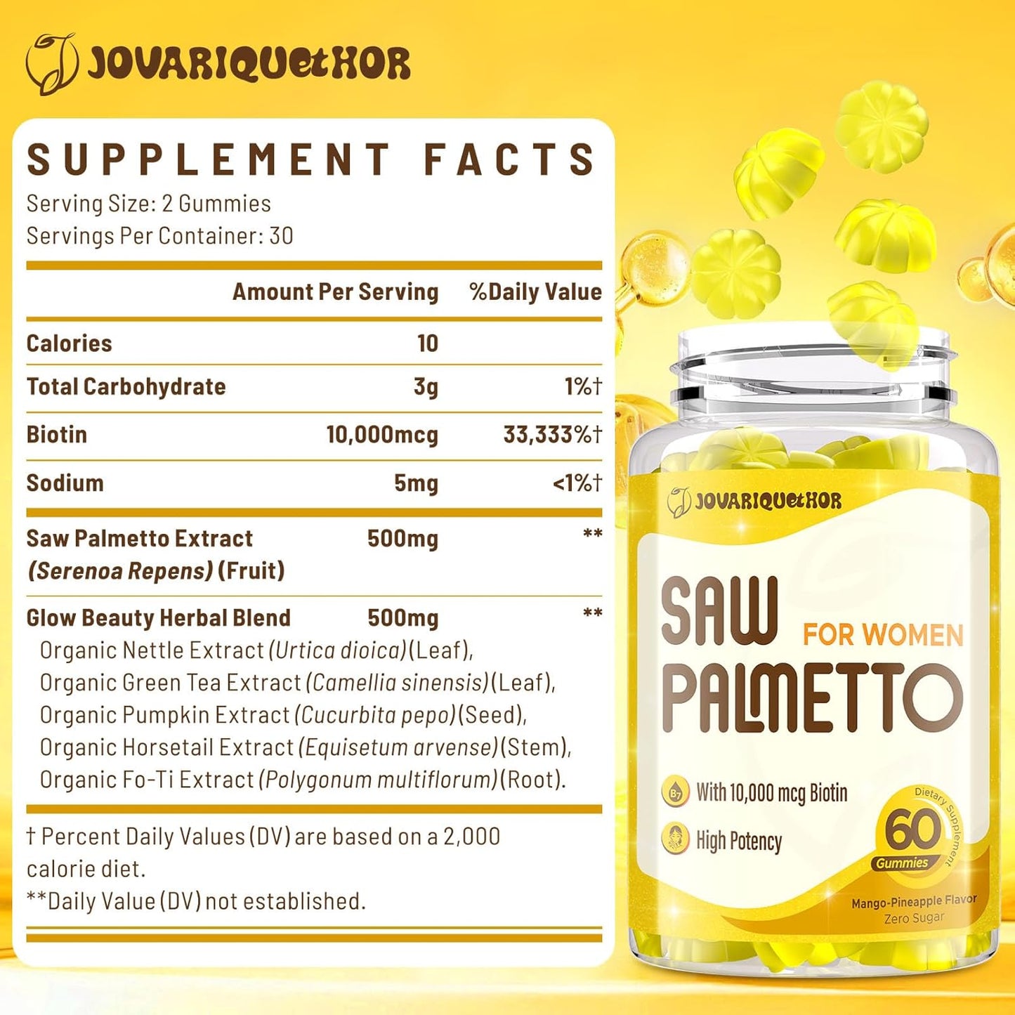 Saw Palmetto for Women - DHT Blocker Hair Growth Supplement - 500mg Potent Saw Palmetto Gummies for Hair, Skin, Nails, Urinary Wellness - Mango-Pineapple Flavor - 60 Gummies