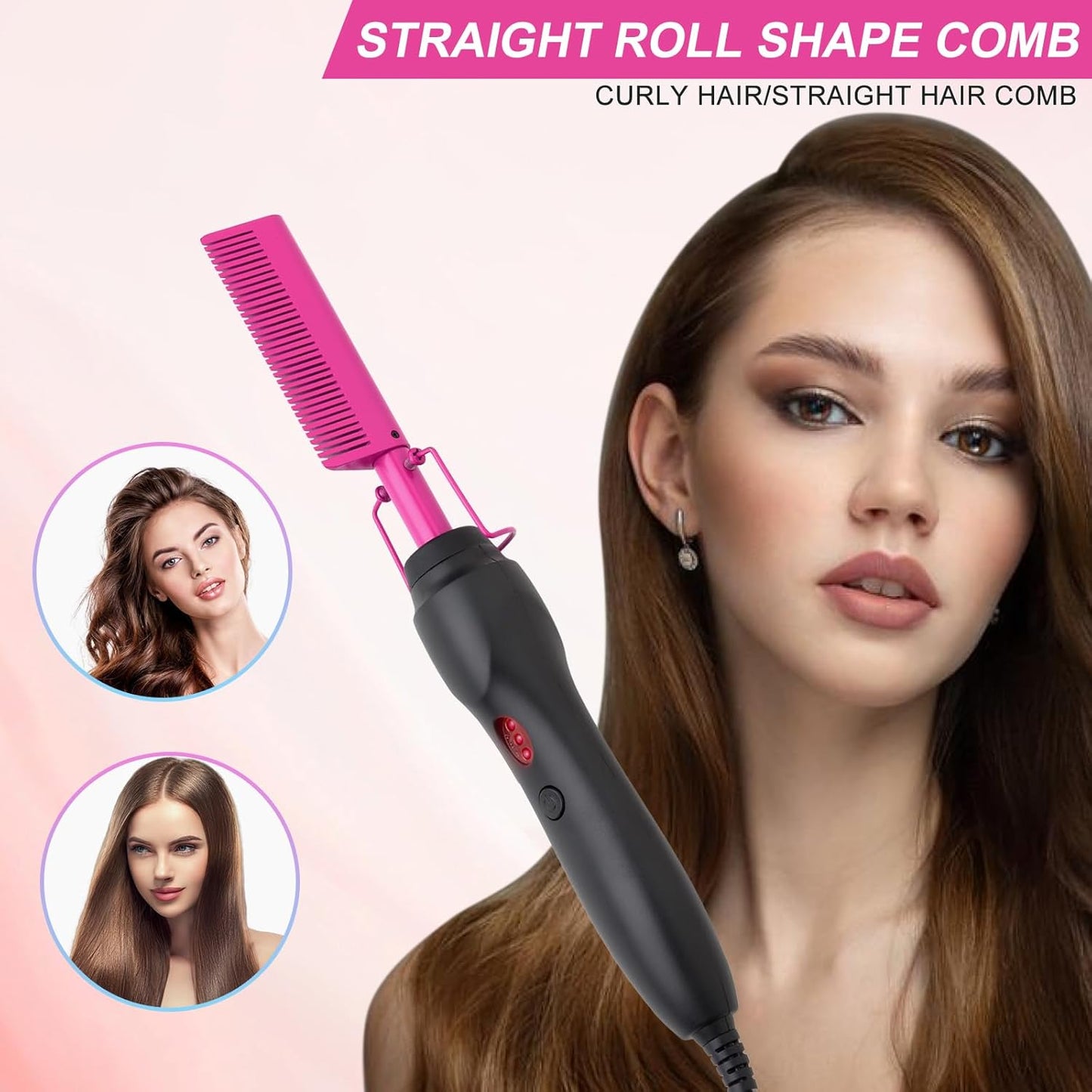 Electric Hot Comb Hair Straightener Heat Pressing Comb Curling Flat Iron Curler Hair Straightener Brush for Natural Black,Anti-Scald Beard Straightening Electric Press Comb (Purple-3-Gear)