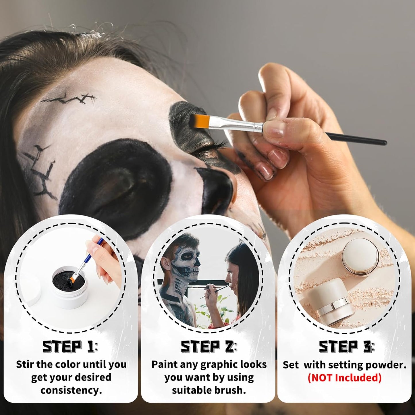 TonJin Black + White Face Body Paint Set 3.5oz/100g, Non-Toxic Professional Facepaint Makeup Kit with 2 Brushes for Kids & Adults Art Theater Halloween Party Cosplay Clown Corpse Goth SFX Makeup