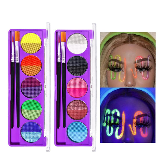 2 Packs Water Activated Eyeliner Palette, Halloween Neon Rainbow Colorful Face Body Paint Colored Liner Makeup Matte Eyeliner with Eyeliner Brushes U V Glow Fluorescent Black White Paint Makeup Set