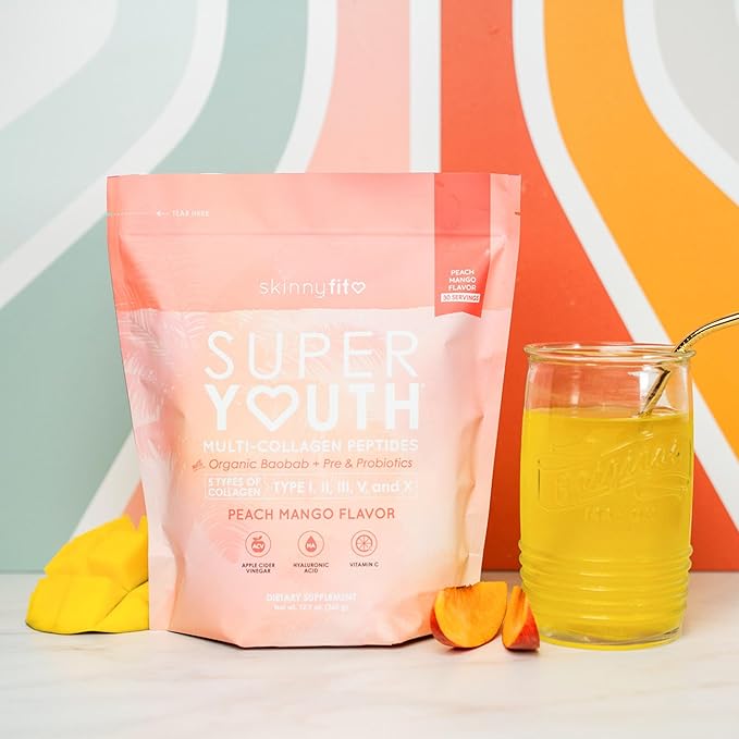 SkinnyFit Super Youth Peach Mango Multi-Collagen Peptides + Probiotics, Baobab Fiber, Apple Cider Vinegar, Hyaluronic Acid, & Vitamin C, Skin, Hair, Joint & Metabolism Support, 30 Servings