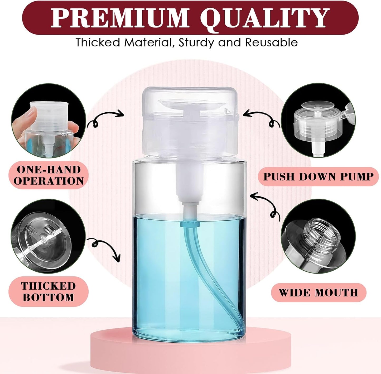 4 Pack Push Down Pump Dispenser 80ML Empty Acetone Dispenser Push Top Alcohol Bottles Containers for Nail Polish Makeup Remover Water Facial Toner