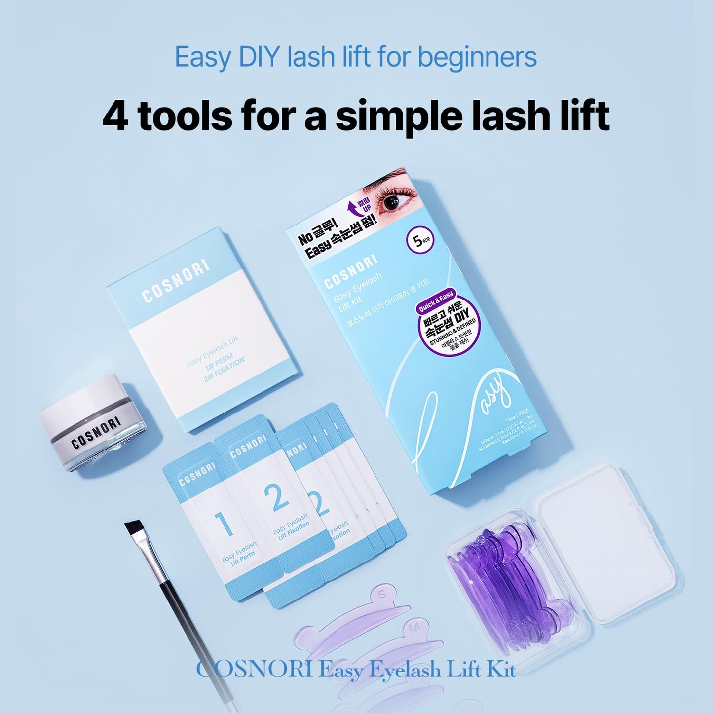 COSNORI Easy Eyelash Lift Kit - DIY Lash Lift Kit – Korean Eyelash Perm with No Glue Rods, 5 Applications, Long-Lasting Curl, Easy At-Home Curling Solution