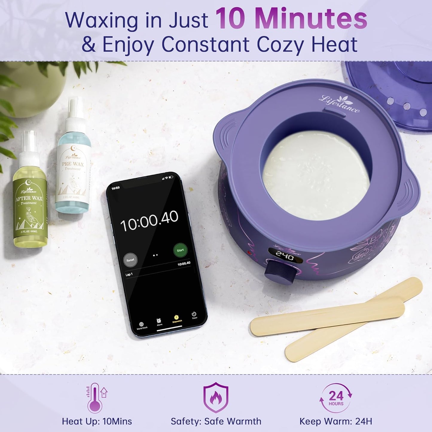 Lifestance Waxing Kit for Women & Men - L2 Amethyst Trace Digital Warmer, Silicone Wax Pot Liner, Hair Removal with 14.1oz Hard Wax Beads & Oil Spray, Professional for Home Brazilian Bikini Face Leg