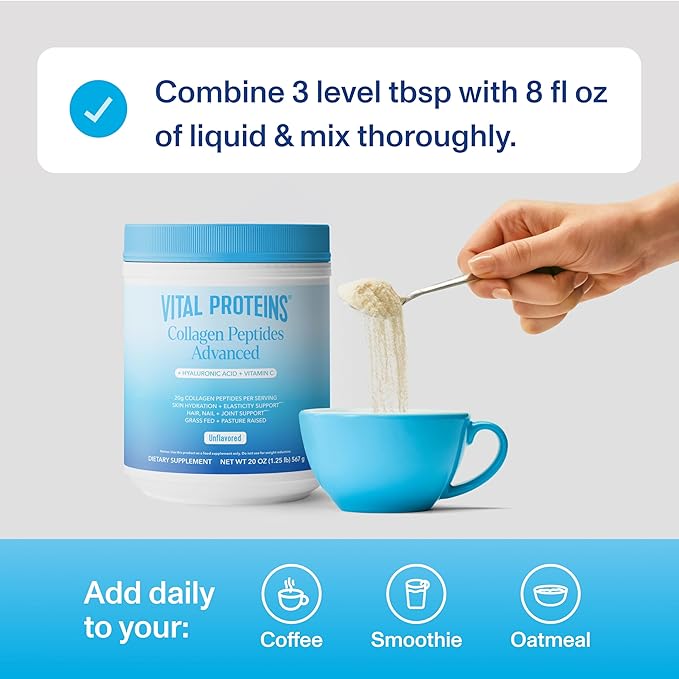 Vital Proteins Collagen Peptides Powder Advanced with Hyaluronic Acid & Vitamin C - 20oz Collagen Protein, Unflavored, 28 Servings