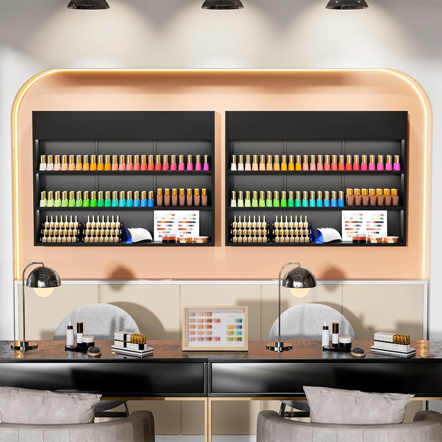 OmySalon Wall Mounted Display Rack, 47.6-Inch 3-Tier LED Nail Polish Organizer Shelf with USB Touch Control, for Nail Salon, Spa, Beauty Studio Storage, Wooden Retail Display (Black)