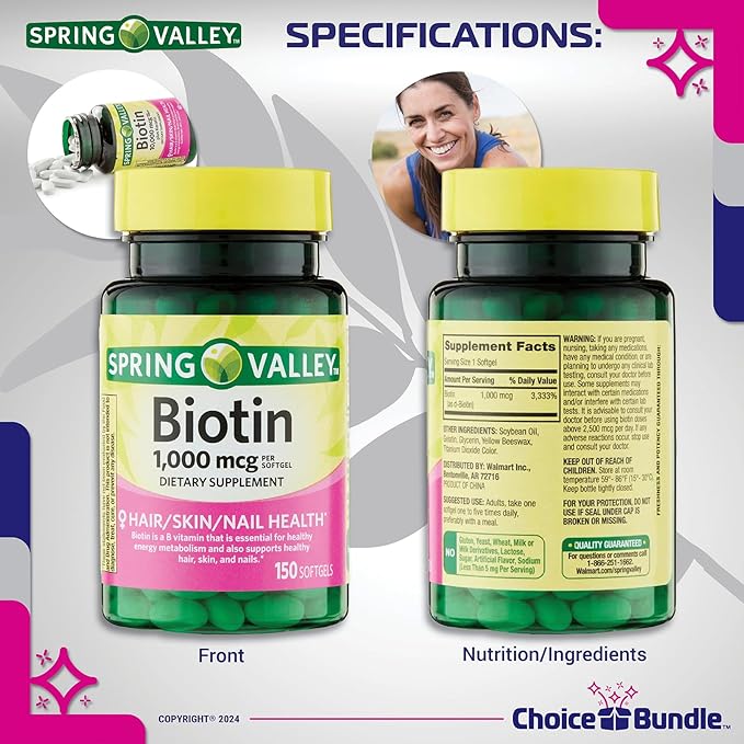 Spring Valley Biotin Softgels 1000mcg Dietary Supplement for Hair Skin Nail Health 150 Ct 2 pk (300 Total) + Vitamin Guide & Pill Container (4 Items)!