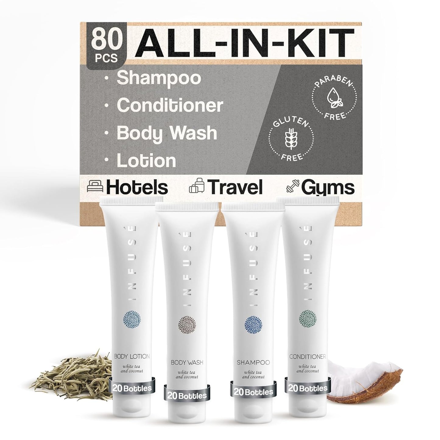 Infuse White Tea & Coconut Hotel Toiletries Bulk Set | 1-Shoppe Amenities Kit | 1oz Shampoo & Conditioner, Body Wash, Lotion | Travel Size | 80 Pieces