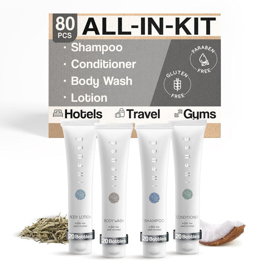 Infuse White Tea & Coconut Hotel Toiletries Bulk Set | 1-Shoppe Amenities Kit | 1oz Shampoo & Conditioner, Body Wash, Lotion | Travel Size | 80 Pieces