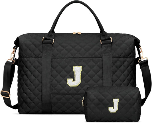 Gifts for Teen Girl, Initial Travel Duffle Bag, Personalized Women Weekender Overnight Bags, Gift for Daughter Kid Girl Wife Friend（Black,J)