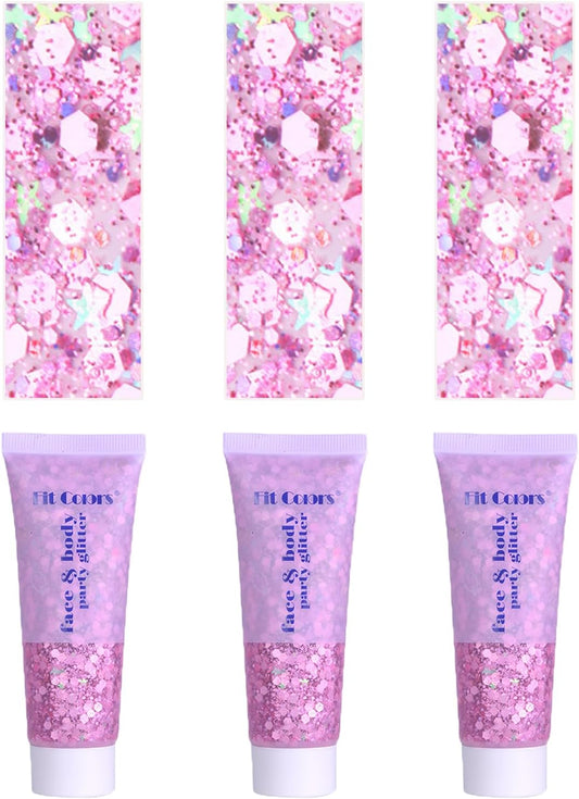 Face Body Glitter, Hair Glitter Sparkles Chunky Face Glitter Gel for Girls Makeup Singer Concerts Mermaid Festival Sequins Face Paint (3pc Pink)