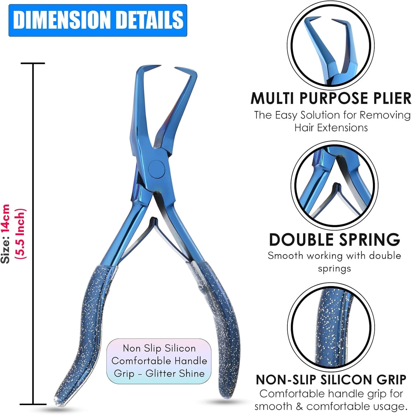 Professional Hair Extension Tools Microlink Bead Remover Plier for Hair Extensions Removal Micro Ring Beads Opener 5.5 Inch Pliers Silver Polish Stainless Steel (Blue Bead Remover)
