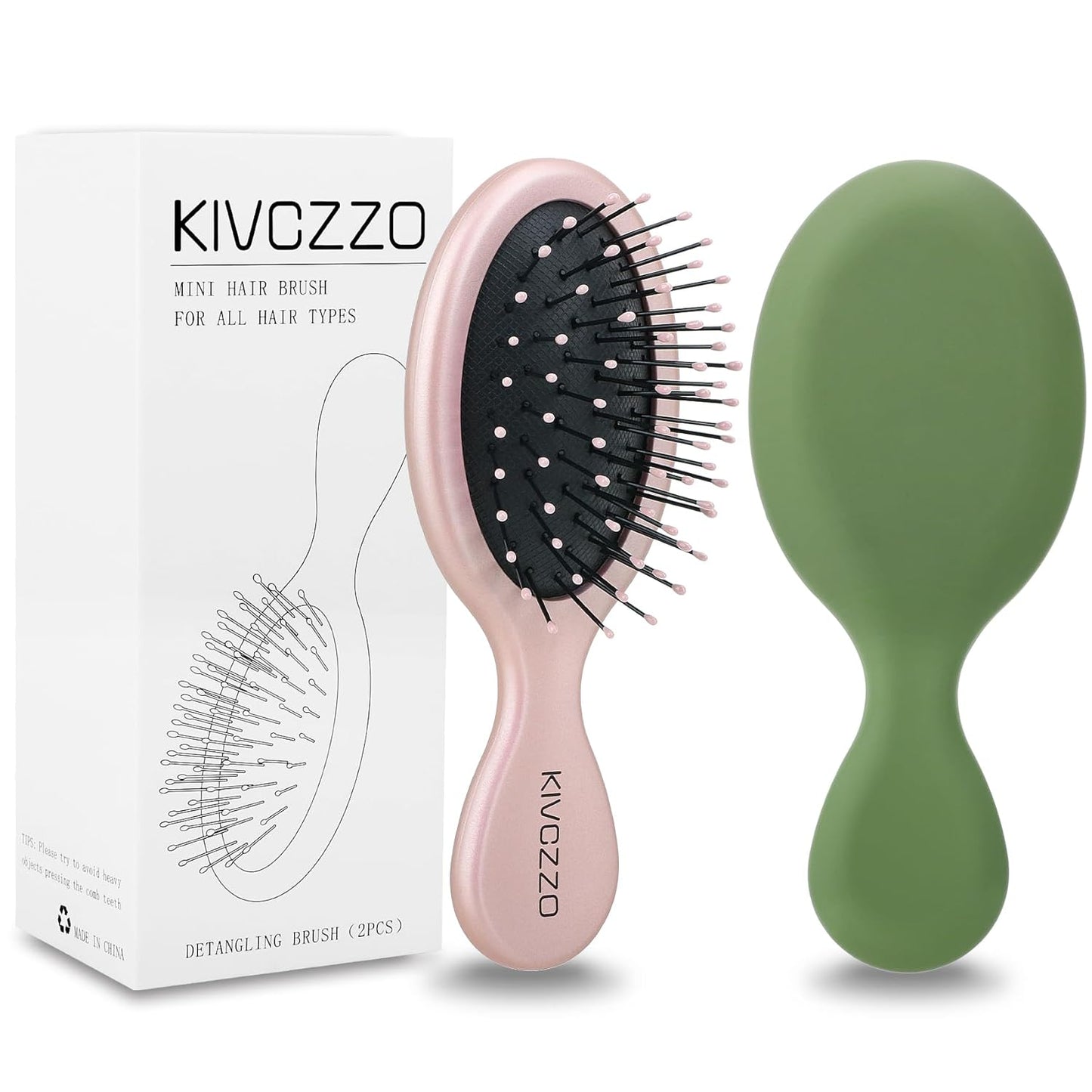 Mini Hair Brush for Detangling, Portable Travel Hairbrush for Women & Kids, Gentle Knot Detangler Brush for Wet/Dry Hair, Compact Hair Brush for Purse, Car, Backpack (2-Pack,Pink/Green/Matte)