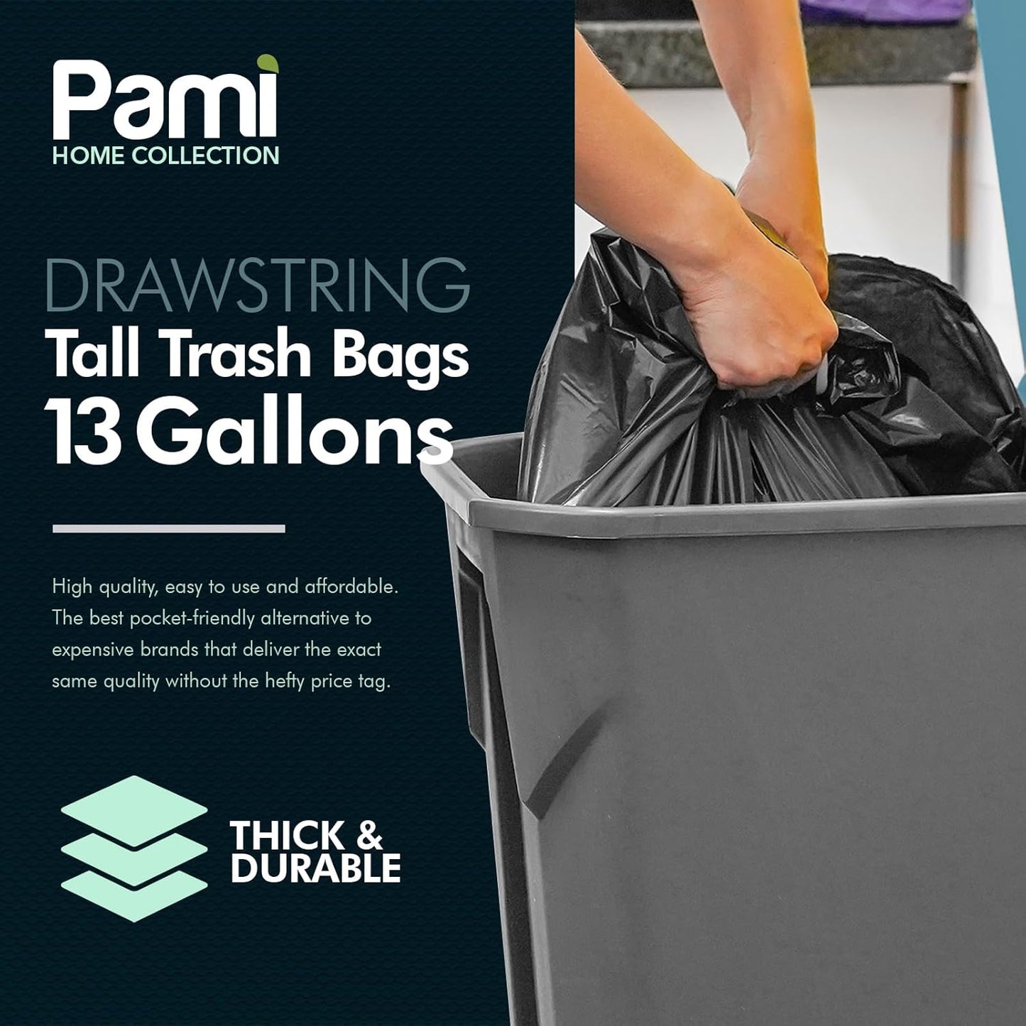PAMI Tall 13-Gallon Kitchen Drawstring Trash Bags [80-Pack, Black] - Extra-Strong Plastic Garbage Bags- Thick Trash Can Liners For Kitchen, Bathroom & Outdoor Bins- 2ft x2ft Unscented Trash Bags