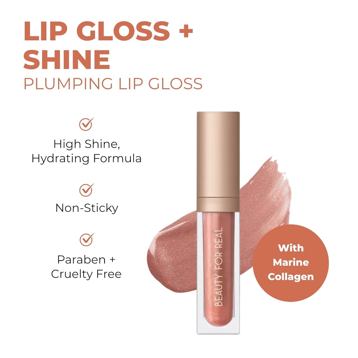 Beauty For Real Lip Gloss + Shine, Plumping High Shine Hydrating Gloss, Turned On, Sheer Lip Bite Nude, Light + Mirror, Cruelty Free, 0.15 fl oz
