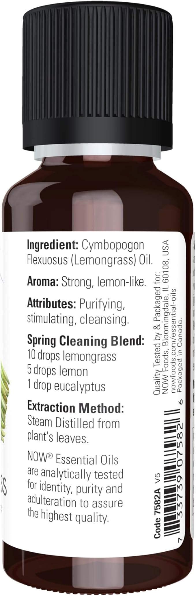 Now Essential Oils, Lemongrass Oil, Uplifting Aromatherapy Scent, Steam Distilled, 100% Pure, Vegan, Child Resistant Cap, 1-Ounce (Pack of 5)