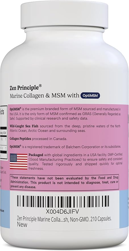 Zen Principle Marine Collagen Peptides Powder with OptiMSM® Supplement. Clinically Tested for Skin Support. Wild-Caught Fish, Non-GMO. 420 Capsules.