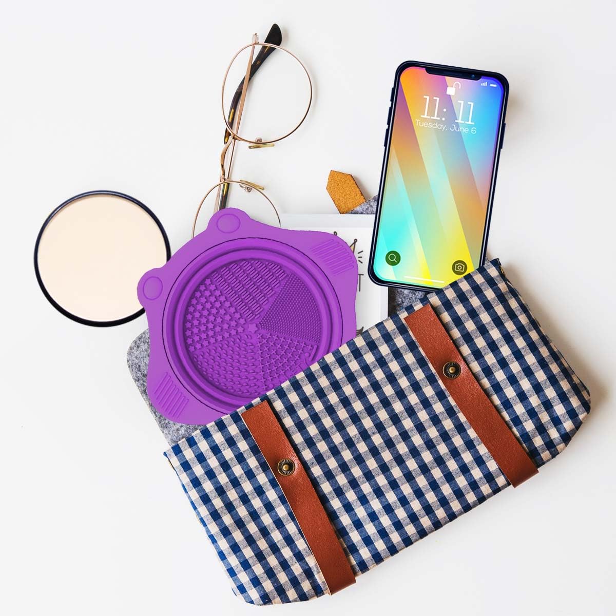 2PC Foldable Silicone Makeup Brush Cleaner Pad Bowls, YalsFTY Portable Mat Scrubber Cleaning Tool for Makeup Brushes (Purple and Rose)