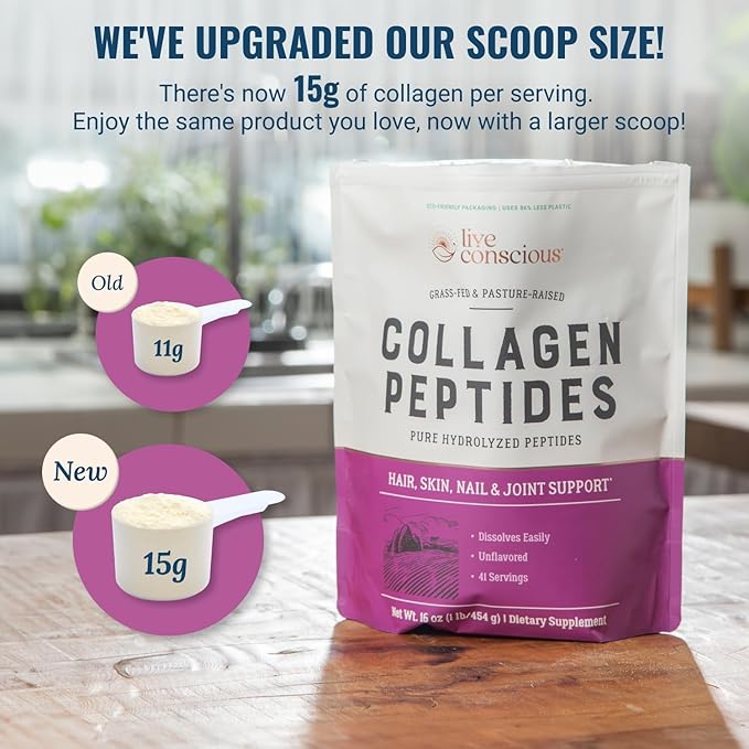 Live Conscious Collagen Peptides Powder - Hair, Skin, Nail, and Joint Support - Type I & III Collagen - Naturally-Sourced Hydrolyzed Protein - 16oz (2-Pack)