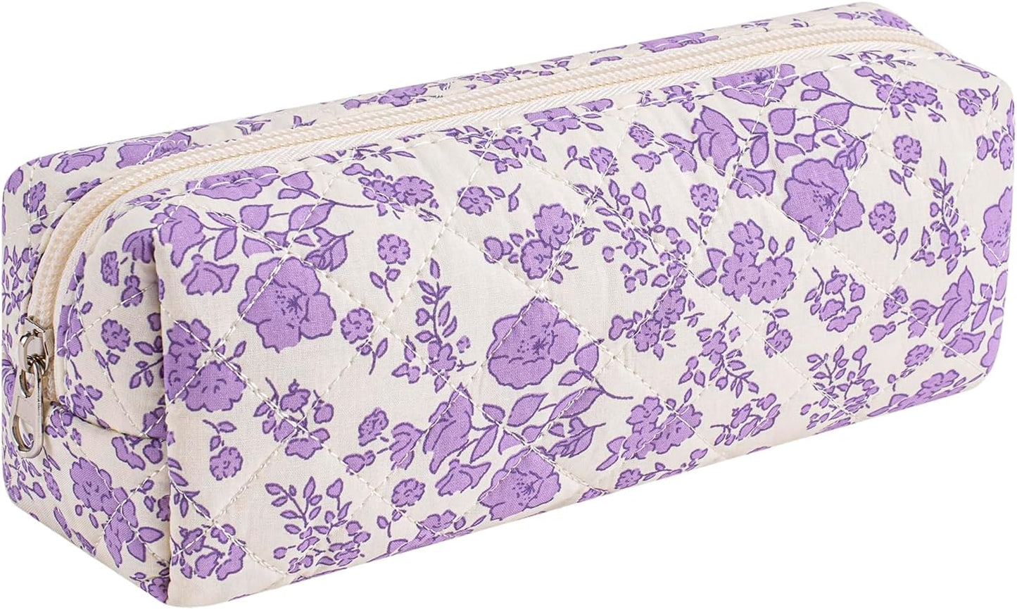 Cute Floral Cotton Makeup Brush Cosmetic Bag for Women, Travel Quilted Zipper Make Up Bag, Flowers Toiletry Organizer Case Kawaii Makeup Cosmetic Travel Cloth Pouch (Big Purple Floral)