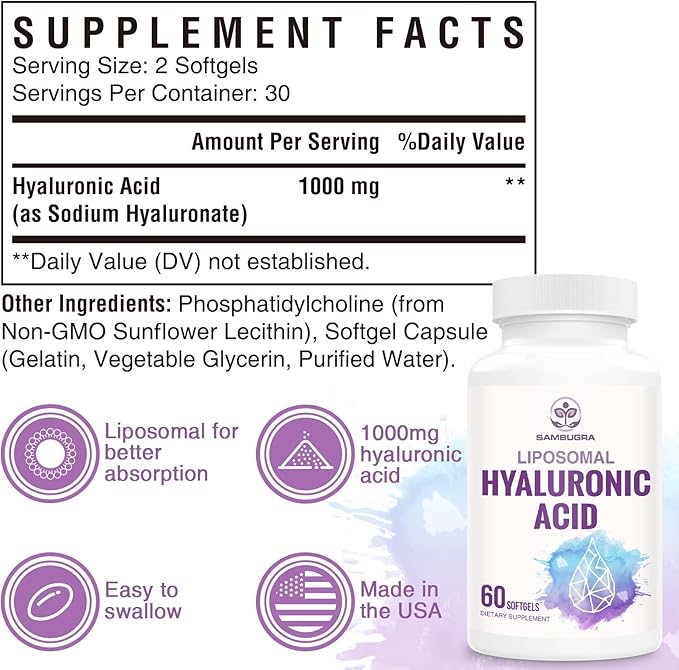 Liposomal Hyaluronic Acid 1000mg, High BioavailabilityHyaluronic Acid Capsules, Dietary Supplement Support Skin and Joint Lubrication, 120 Capsules (Pack of 2)