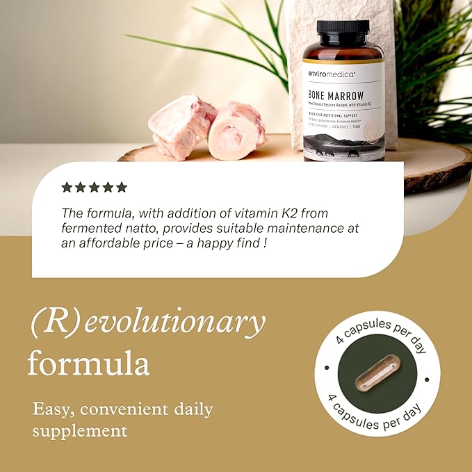 Enviromedica Bone Marrow Supplement - Pastured Grass-Fed Beef Marrow Bones Complex, MCHA, Cartilage, Bovine Collagen & Vitamin K2 (MK7) for Cardiovascular, Joint Health, Immune Support, 120 Capsules