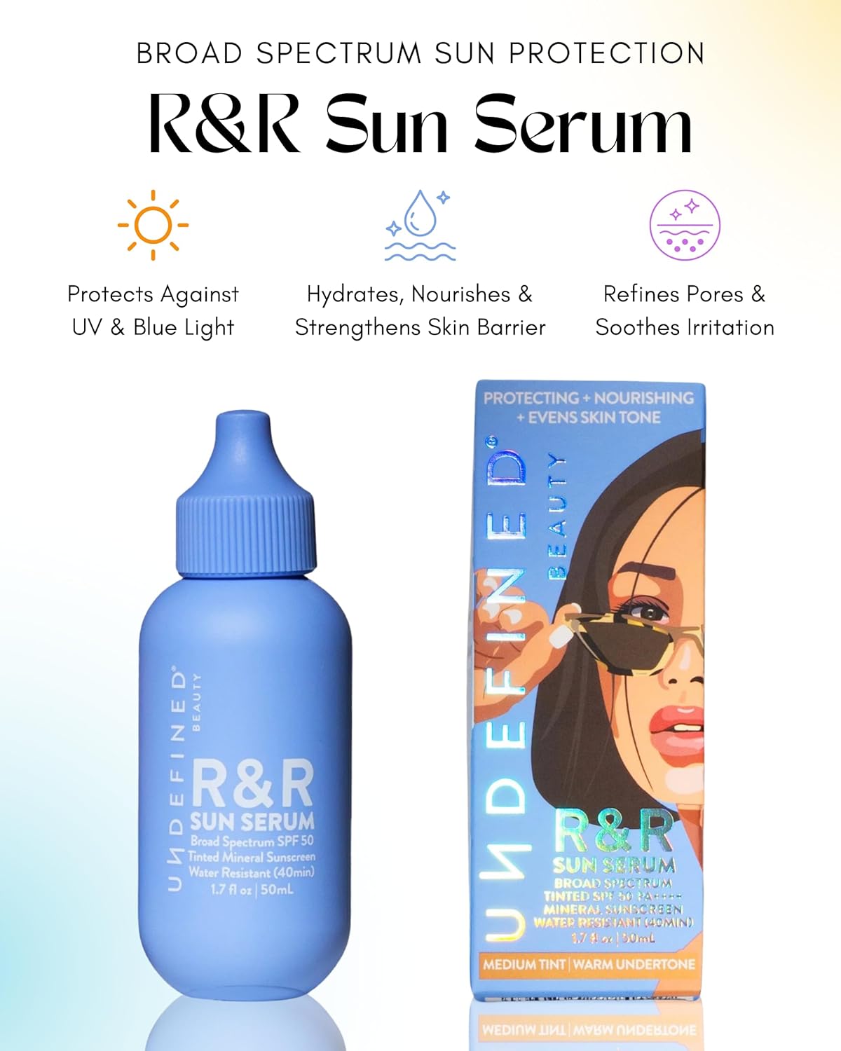 Undefined Beauty R&R Sun Serum SPF 50 PA++++ Tinted Mineral Sunscreen with Niacinamide, Water Resistant Broad Spectrum Protection & Blue Light Defense (Medium Tint)