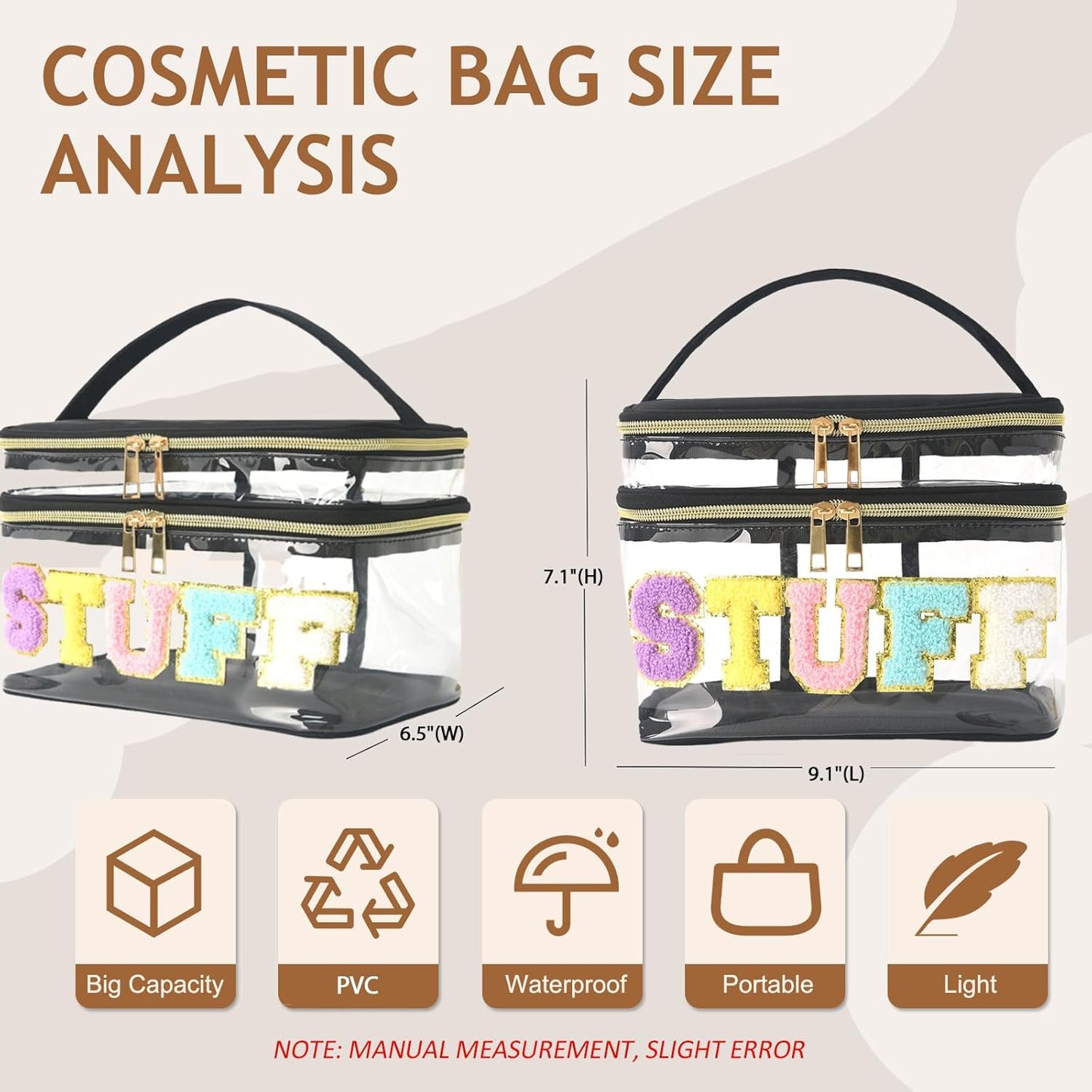 FITINI Makeup Bags Chenille Double Layer Travel Storage Cosmetic Cases Make up Organizer Toiletry Bags Stuff for Women Makeup Brush Bag,Clear Black