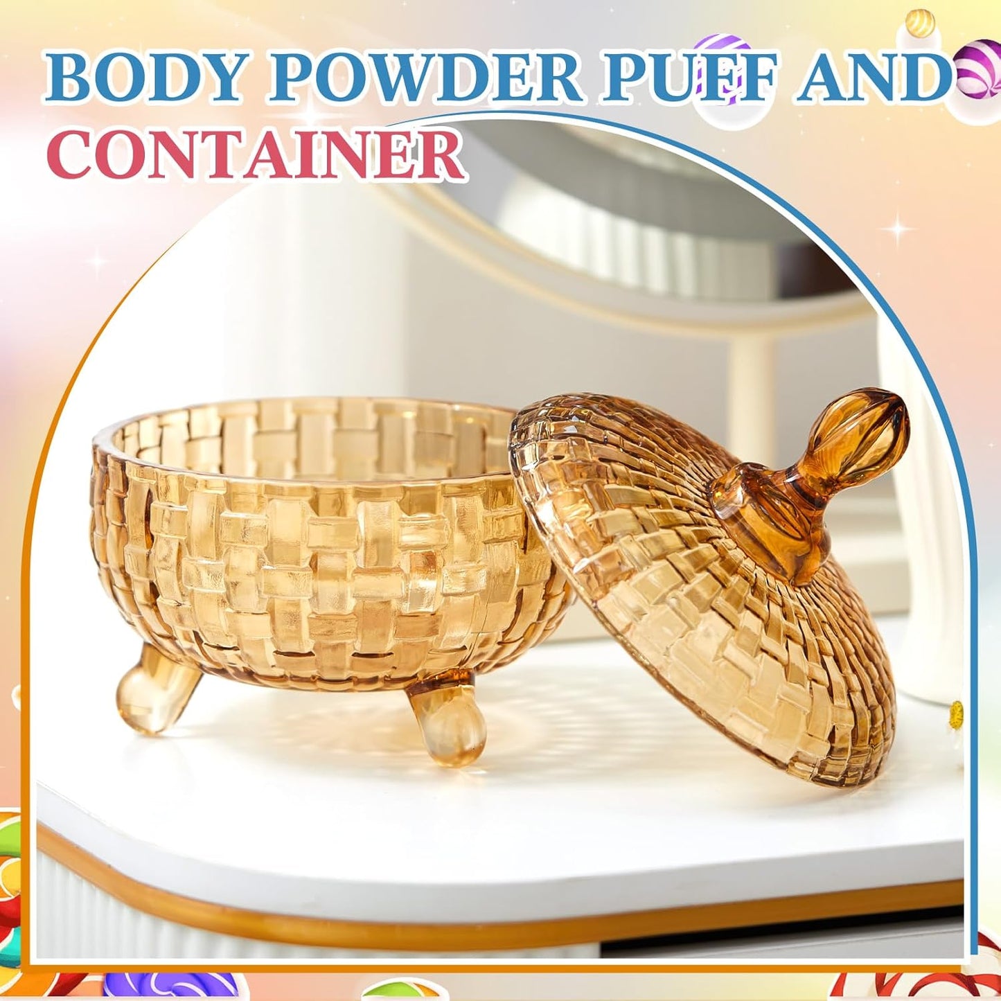 Tioncy 2 Pcs Extra Large Dusting Powder Puff and Container 6'' Body Powder Puff and Crystal Container for Women Soft Washable Reusable Velour Face(Amber)