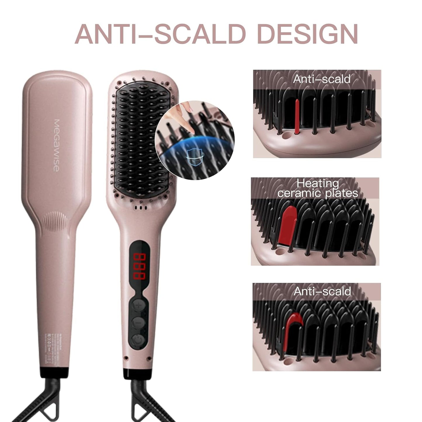 Updated 2025 MEGAWISE Hair Straightener Ceramic Brush ; Anti-Scald Dual Voltage Flat Iron Hot Brush | Rotatable Cord |Auto Shutoff | Anti-frizz |for All Hair Types (Pink)