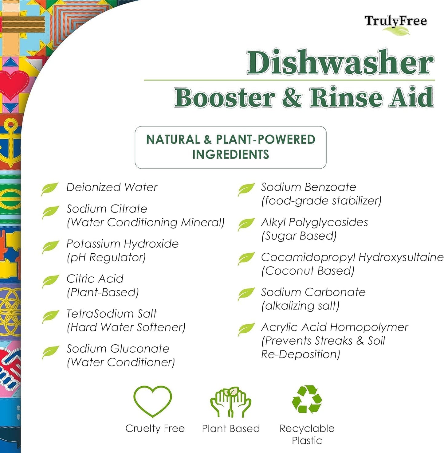 Truly Free Natural Dishwasher Booster & Rinse Aid - Non-Toxic Dishwashing Aid Formula, Removes Residue & Tough Dish Stains, Water Spot Remover - Pack of 3