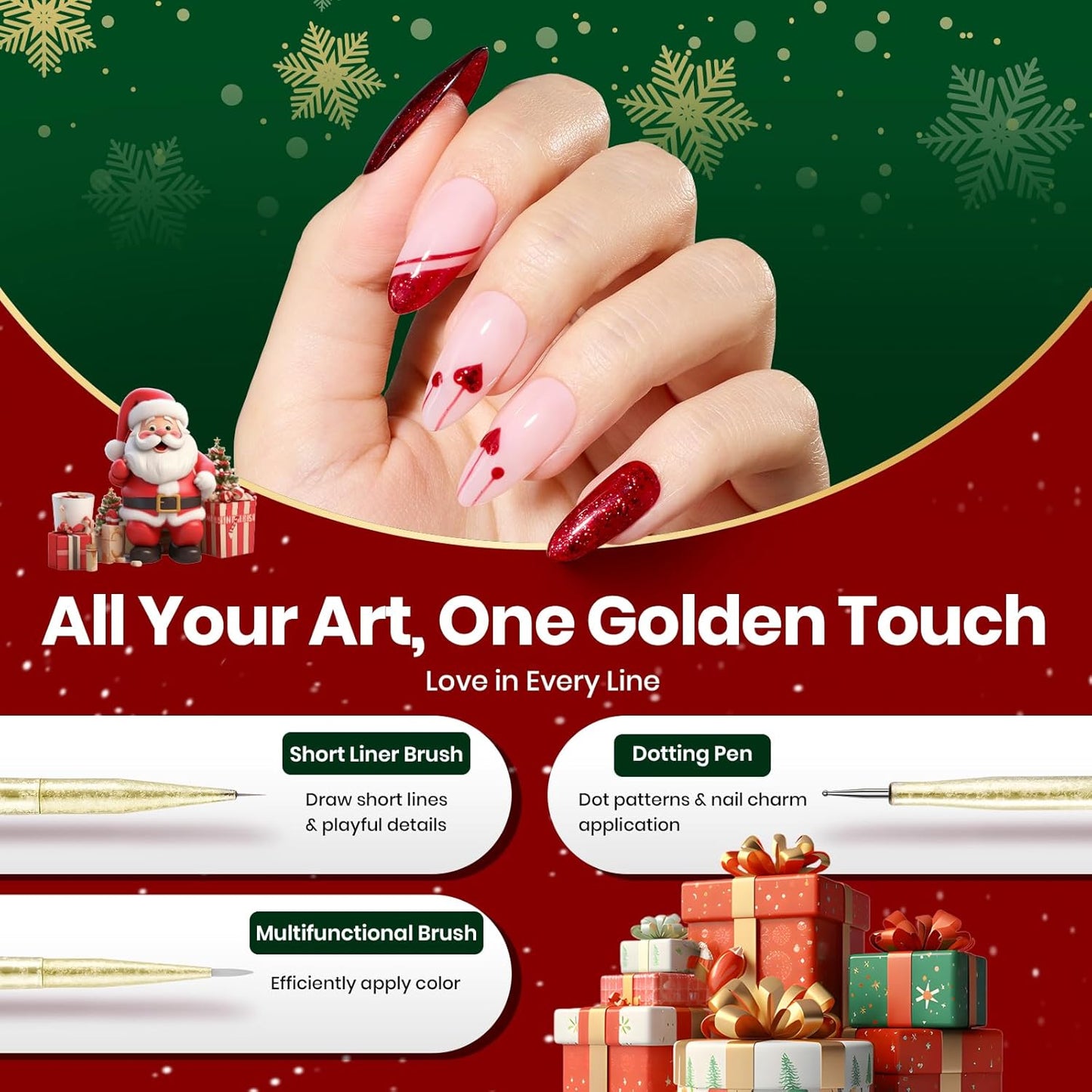 Beetles Christmas Nail Art Brushes 6pcs – Golden Gleam Nail Art Tools Liner Brushes for Nails Dotting Tool Gradient/French/Petal Manicure Design Pen with Star Palette Holder Nails Stickers Pouch Bag