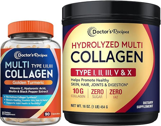 Doctor's Recipes Multi Collagen Peptides Powder 16oz and Multi Collagen Capsules 90 Caps