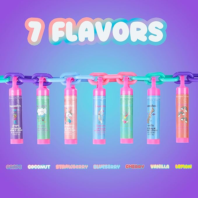 7pc Lip Balm Collection - Day Of The Week Necklace, Fashionable Colorful Jewelry Necklace Party Favors For Girls, Non Toxic