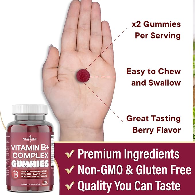 NEW AGE Vitamin B Complex Gummies with Vitamin B3, B5, B6, B7, B9 & B12 – with Biotin, Folic Acid & Vitamin C – Gluten-Free, Vegan, Made in The USA! (60 Count (Pack of 1))