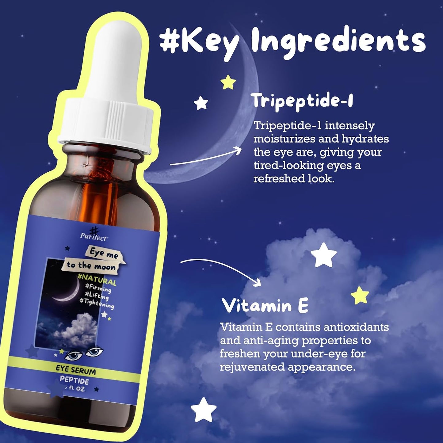 Purifect Eye Me to the Moon Multi-peptide Eye Serum – Firming, Lifting, Tightening & Brightening – Made in USA – 6 Peptide Skin Booster Serum with Vitamin E – Plumping, Lifting & Anti-aging – 1oz