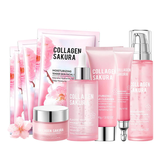 Sakura Skin Care Set,Moisturizing Skincare Kit with Face Cleanser,Facial Serum,Toner,Eye Cream,Face Cream and Hydrating Face Masks,Long-lasting Nourishing Skincare Set Facial Kit for Women（8pcs）