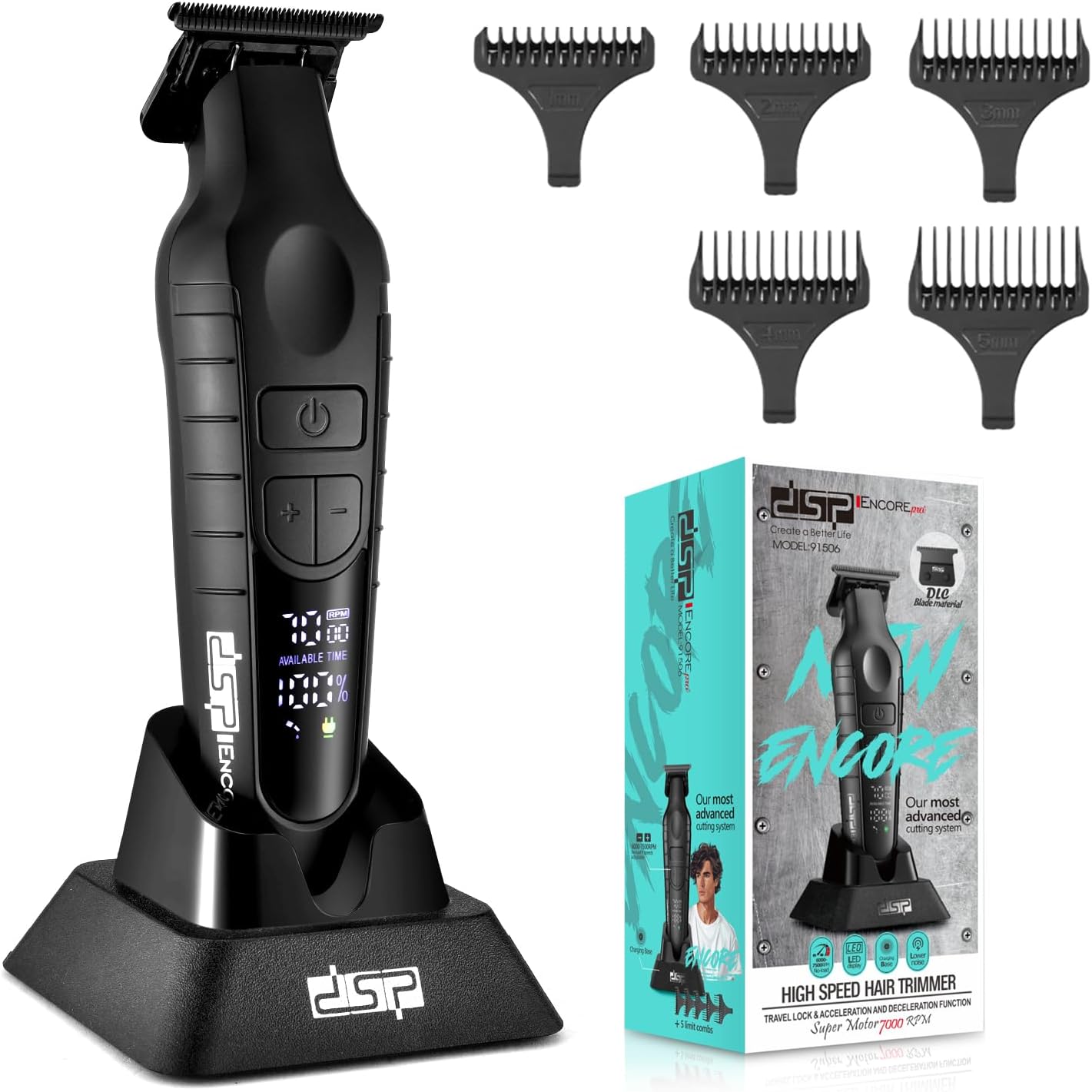 DSP Hair Trimmer for Men, Beard Trimmer, Cordless USB Rechargeable Barber Trimmer DLC, Speeds Adjustable, Travel Lock, Low Noise with Charging Base