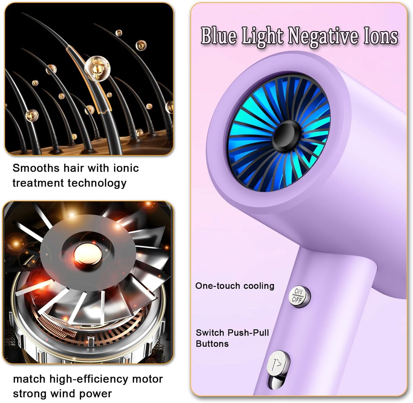 Salon Styling Hair Dryer with Wall Holder【Blue Light Negative Ions】 Fast Drying，High Power HairDryer for Home & Travel【Equipped 360 Rotatable Blow Dryer Stand 】 110V Matte Texture - Graphite Ash