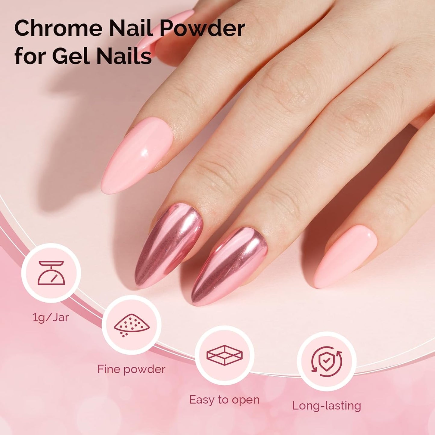 MelodySusie Pink Chrome Nail Powder for Gel Nails,Metallic Mirror Effect Pigment Stylish Fine Glitter for Home DIY Salon Use